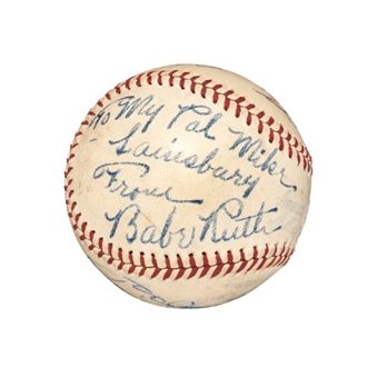 Babe Ruth Inscribed and Multi-Signed Baseball with Connie Mack and Five other 500 Home Run Club Players 